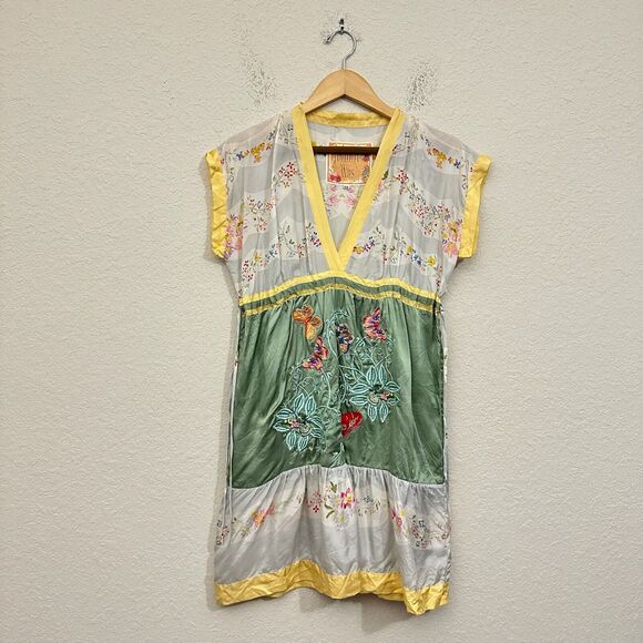 JOHNNY WAS Washable Silk Floral Print Embroidered Babydoll Mini Dress Multi - Picture 1 of 10